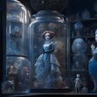 Vintage dolls in glass jars under blue lighting