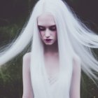 White-haired pale woman with dark makeup in misty setting