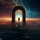 Person in doorway views surreal starry landscape with waterfall, stepping stones, and celestial body