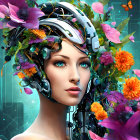 Woman with Floral and Mechanical Headdress in Surreal Cityscape