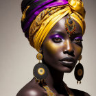 Vivid yellow and purple headwrap with striking makeup pose