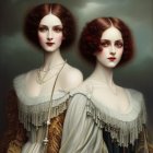 Women in Victorian attire with identical faces and elaborate hairstyles.