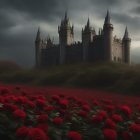 Gothic castle in dark atmosphere with red roses and path