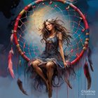 Mystical woman with long dark hair in dreamcatcher under celestial sky