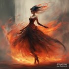 Woman in fiery gown radiating light and flame against soft backdrop