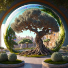 Oversized bonsai tree under dome with soap bubbles and fantasy castle