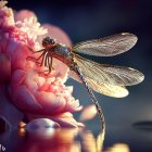 Dragonfly perched on pink chrysanthemum with shimmering wings on dark background