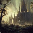 Ethereal forest scene: Gothic ruins, full moon, birds, fog light