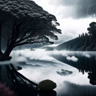 Serene monochromatic landscape with silhouetted trees, reflective lake, mist, and clouds