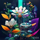 Fantastical digital artwork: Vibrant flowers and leaves in blue, purple, gold, and pink