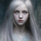 Young woman with blue eyes and wavy grey hair in misty ambiance