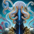 Blue-skinned humanoid with octopus motif, golden armor, and tentacle helmet in marine setting