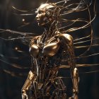 Intricate gold and black female robot with floating orbs on dark background