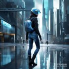 Futuristic woman in helmet and backpack on wet street with neon cityscape reflection