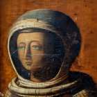 Vintage painting: Person in astronaut helmet with serene expression on brown background