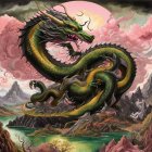 Majestic green dragon with horns in vibrant landscape