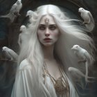 Pale-skinned woman with long white hair surrounded by birds and branches