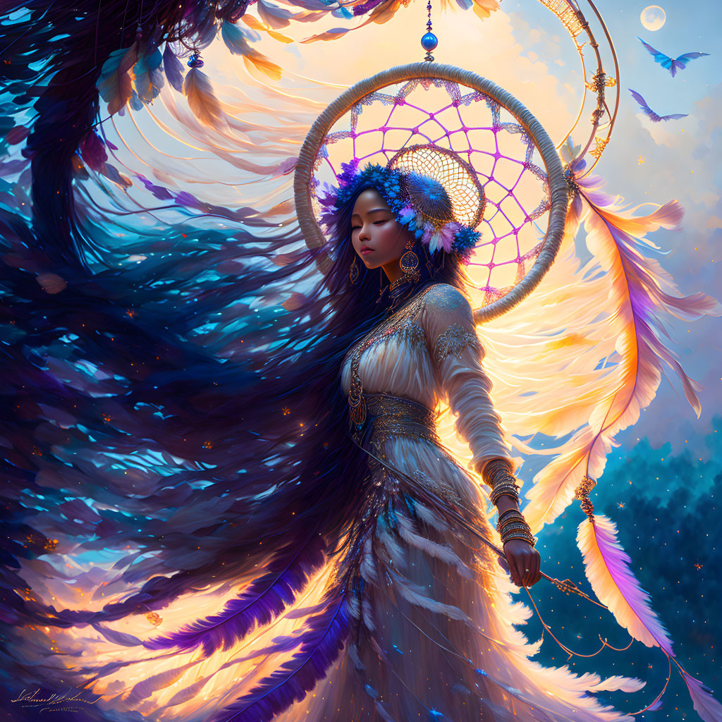 Ornately dressed woman near large dreamcatcher at twilight