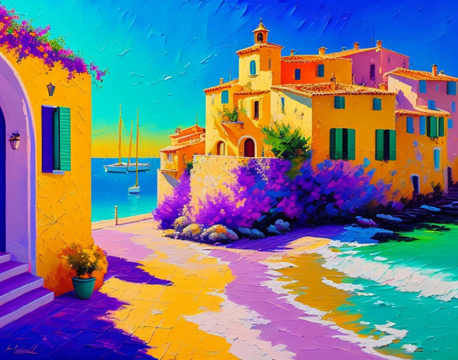 Colorful Mediterranean Seaside Village Painting with Sailboats