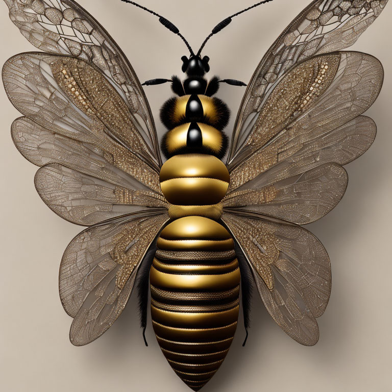 Detailed Digital Rendering of Golden and Black Striped Bee with Transparent Wings