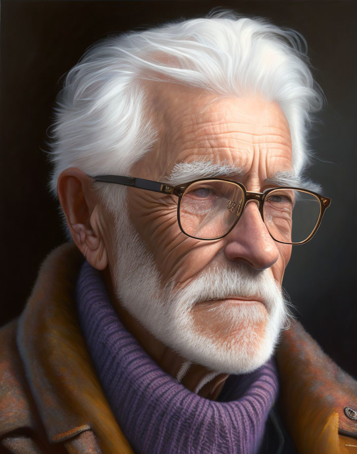 Elderly Man Portrait with White Hair, Beard, Glasses, Purple Turtleneck