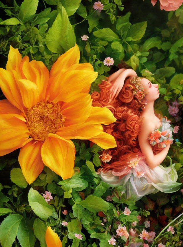 Woman with Red Hair Surrounded by Flowers and Sunflower Bouquet