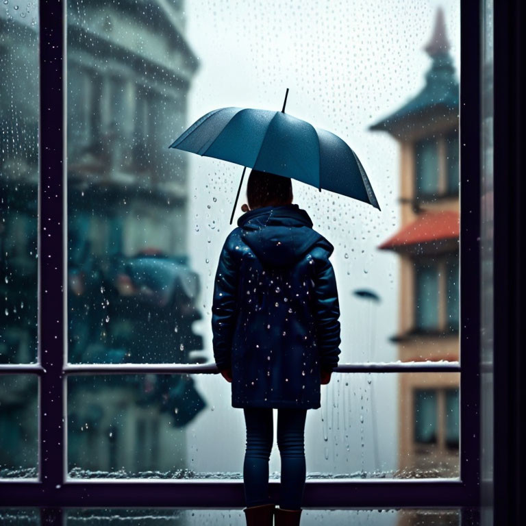 Person with umbrella looking out at rain-covered cityscape through window