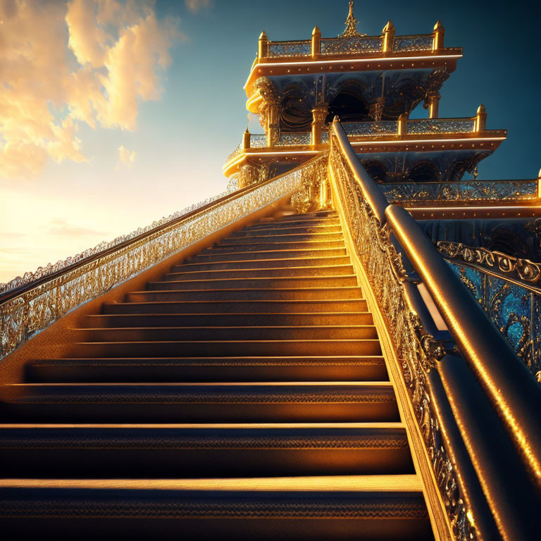 Luxurious golden ornate staircase under warm sunset glow