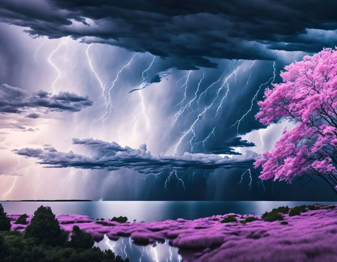 Vibrant purple grass, pink tree, lightning storm over water