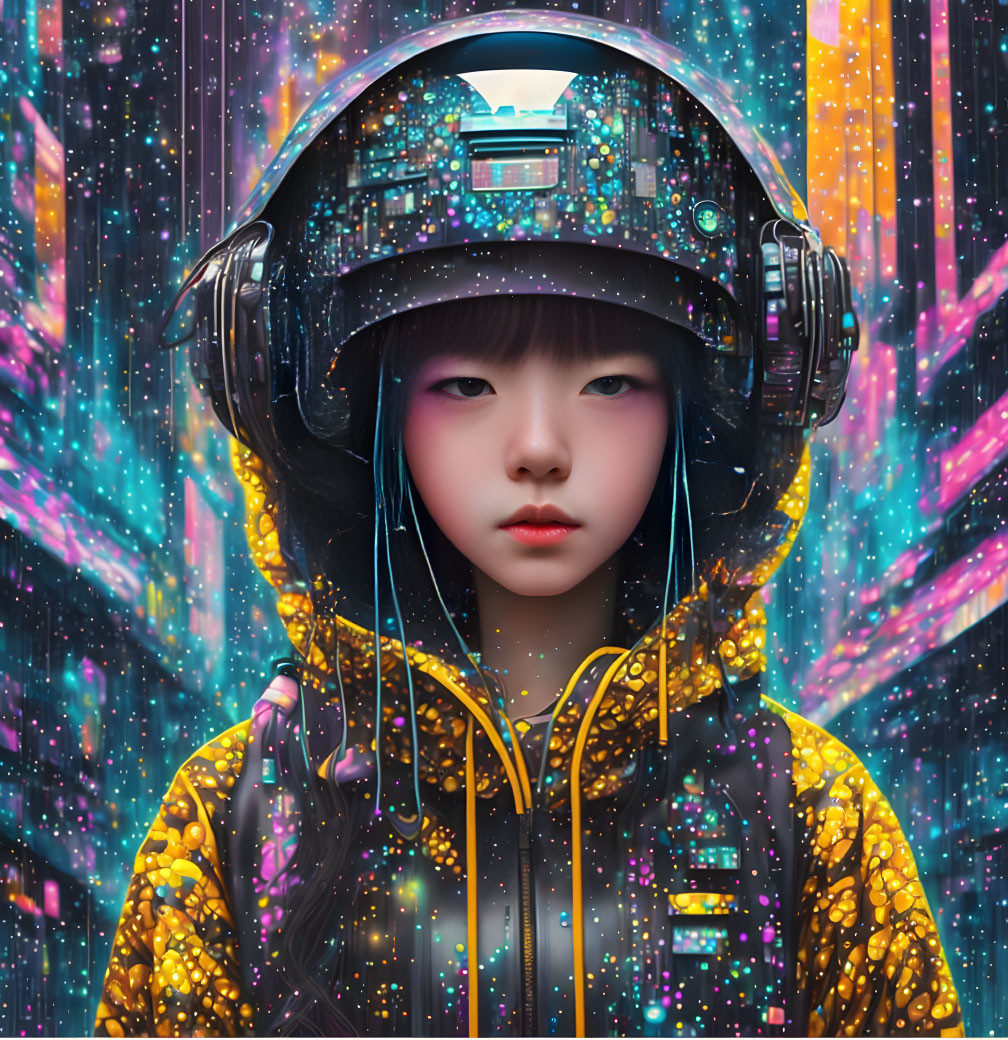 Futuristic person in yellow jacket and helmet with headphones in cosmic setting