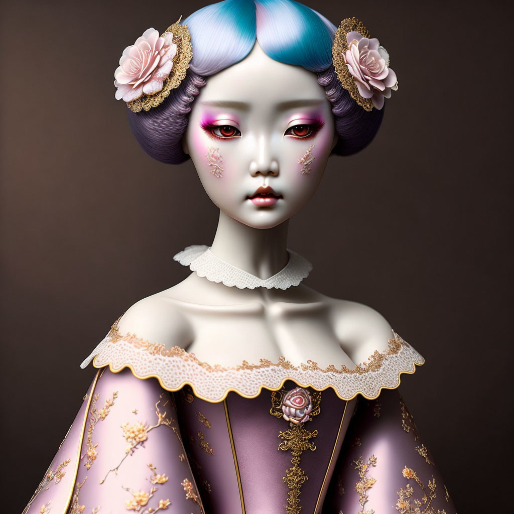 Porcelain-like Figure with Blue Hair and Victorian Attire