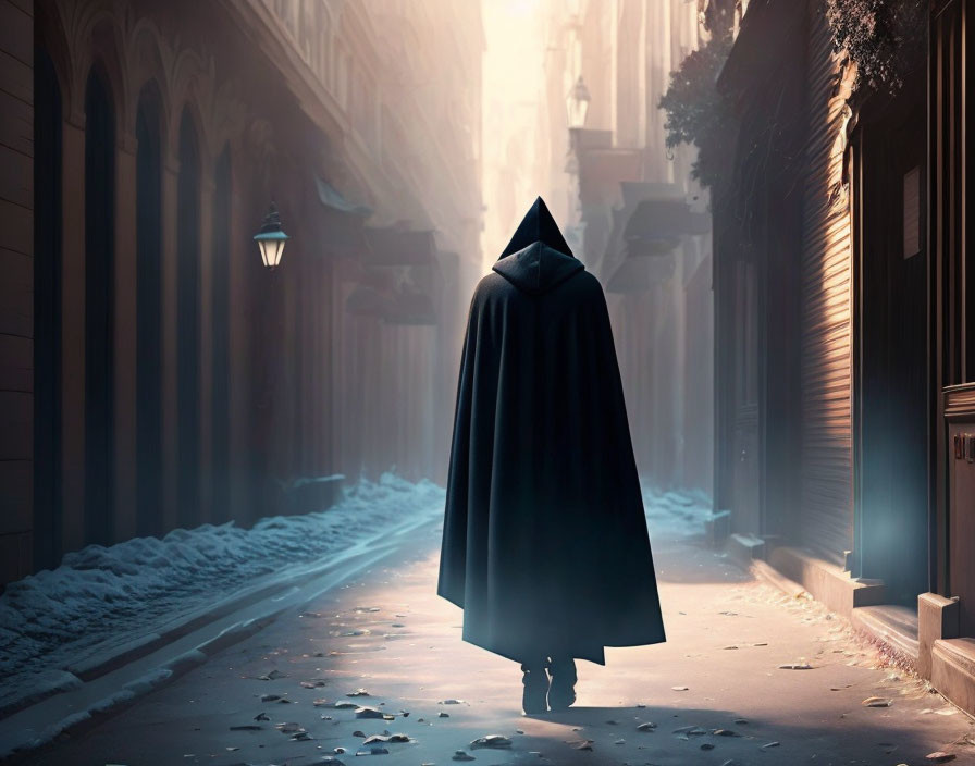 Mysterious figure in cloak walking towards bright light in snow-lined alleyway