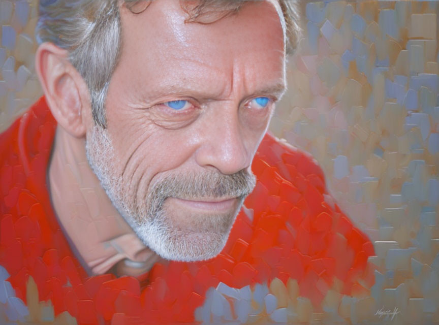 Man with Blue Eyes and Red Shirt in Abstract Digital Portrait