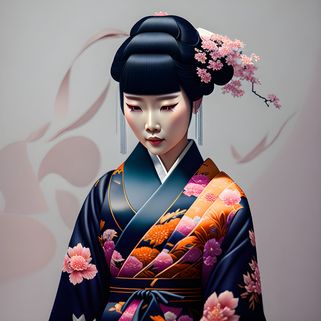 Traditional Japanese Attire Illustration with Cherry Blossoms