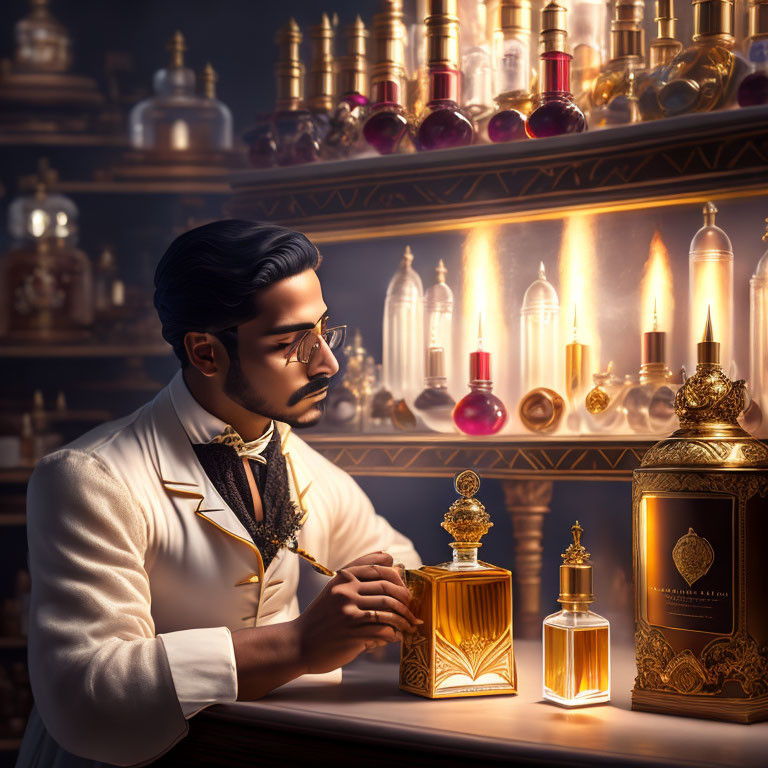 Stylish man in glasses inspects golden perfume bottle in vintage apothecary