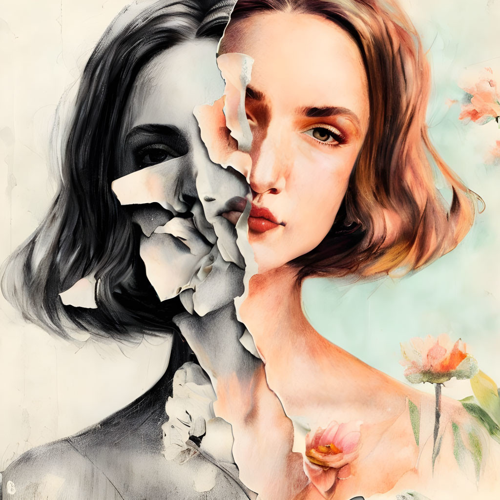 Surreal portrait of woman with peeling face revealing another underneath