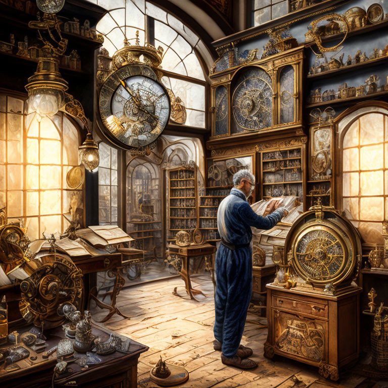 Elderly man in blue robe with golden astrolabe in antique-filled room