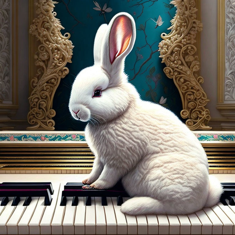 White rabbit on piano keys with gold and blue wallpaper