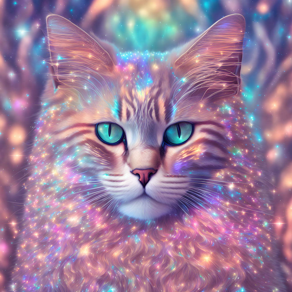 Cosmic-colored cat portrait with sparkling fur and blue eyes