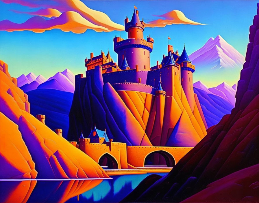 Majestic castle with spires in mountain landscape and colorful sky