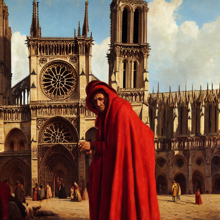 Vibrant red cloak figure at Notre-Dame Cathedral with Gothic architecture and rose windows.