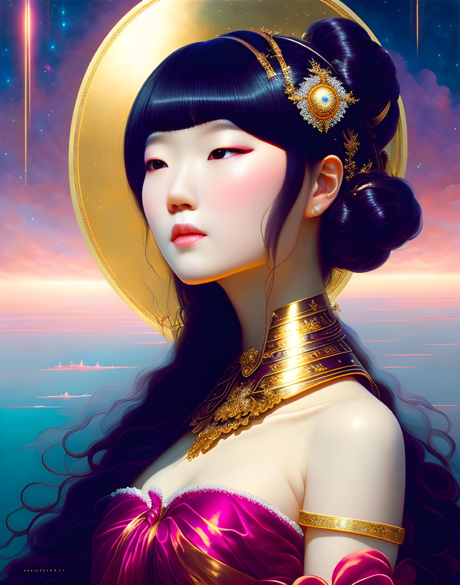 Digital artwork: Woman with Asian features in gold jewelry and pink garment under surreal sky.