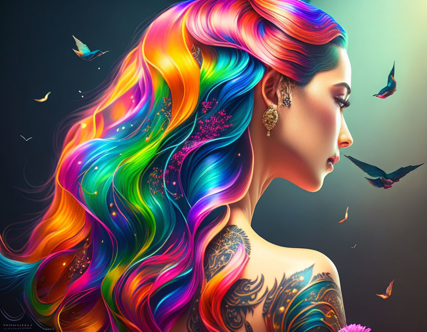 Colorful woman with tattoos and butterflies on vibrant background