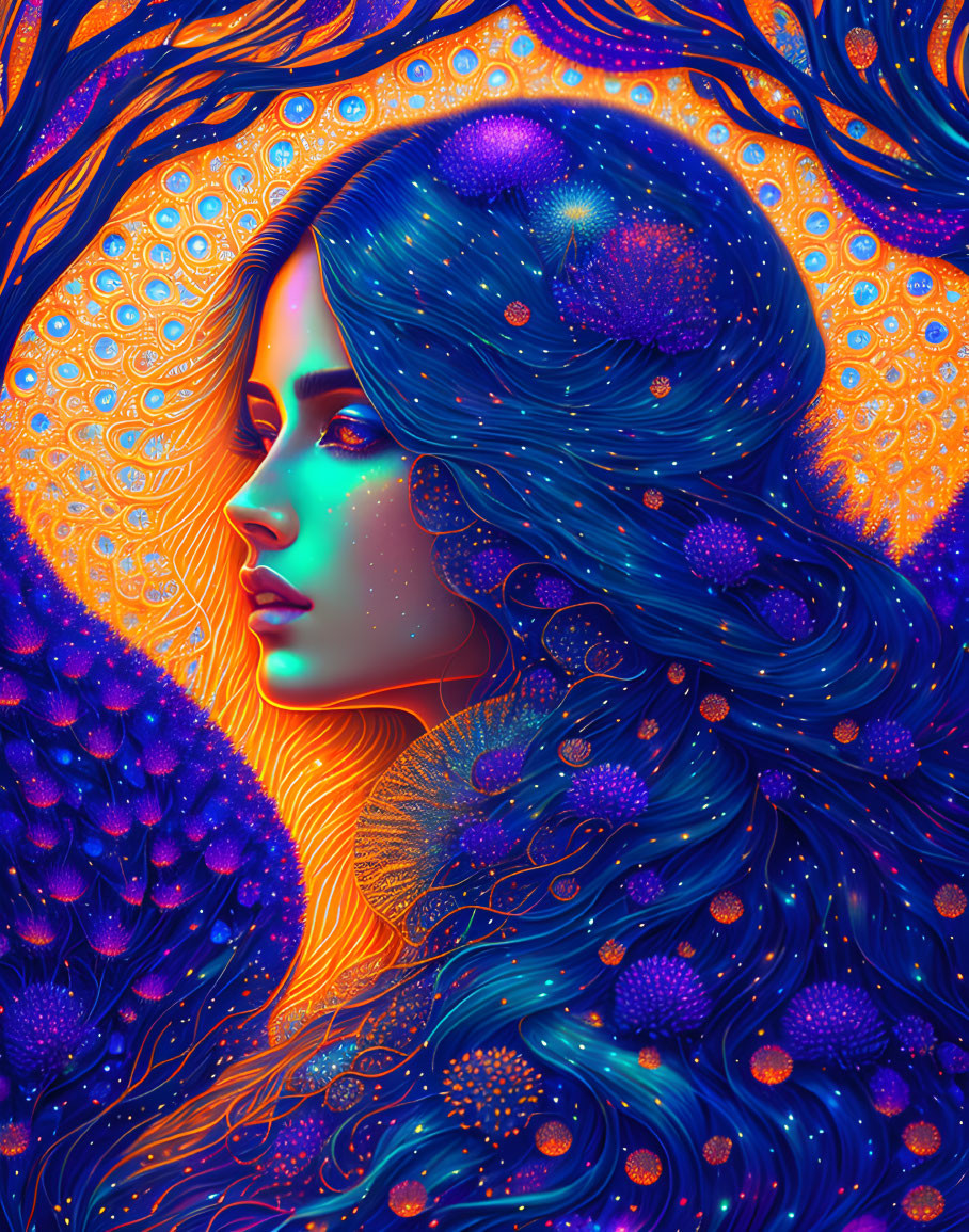 Portrait of a woman with blue hair and cosmic elements on orange background