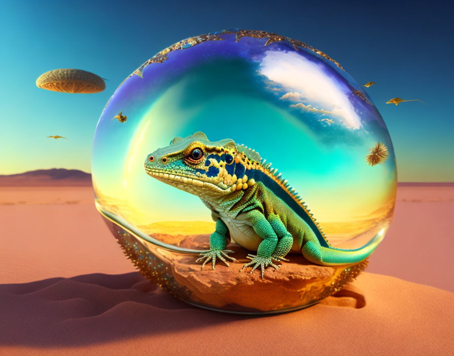 Colorful lizard in bubble reflects surreal sky with flying dandelions and UFO in desert landscape