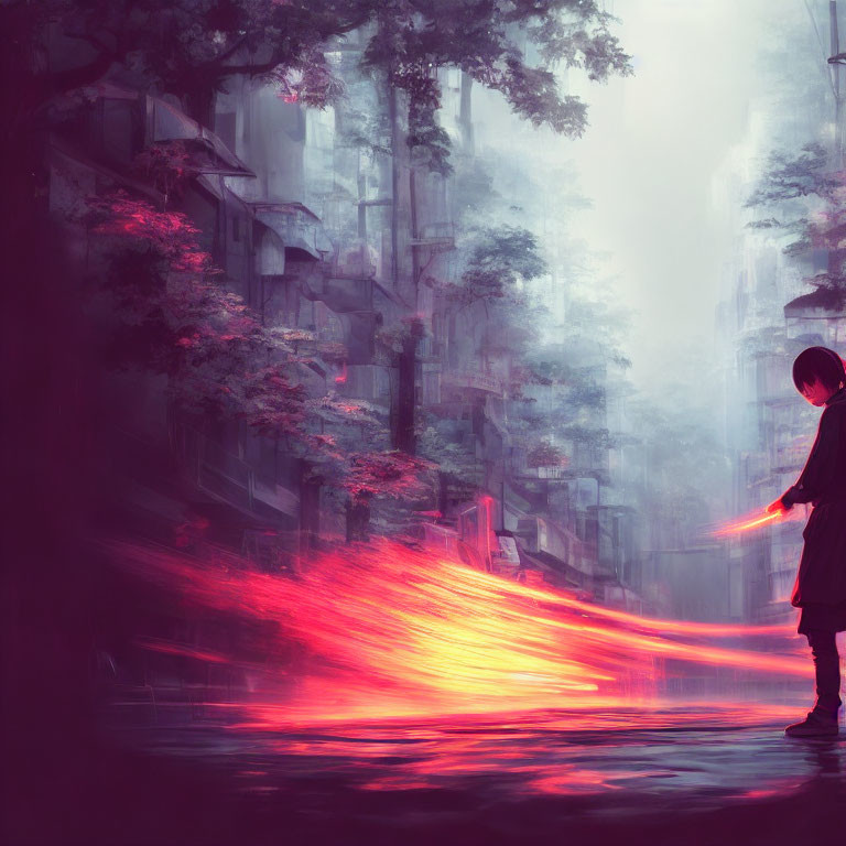 Solitary Figure by Red Glowing Stream in Ethereal Forest