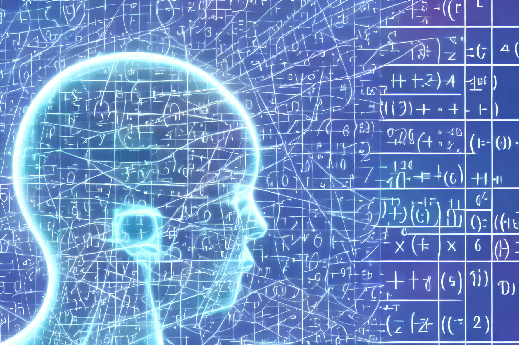 Digital illustration: Human head silhouette with brain outline on mathematical background