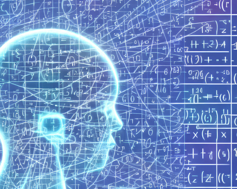 Digital illustration: Human head silhouette with brain outline on mathematical background