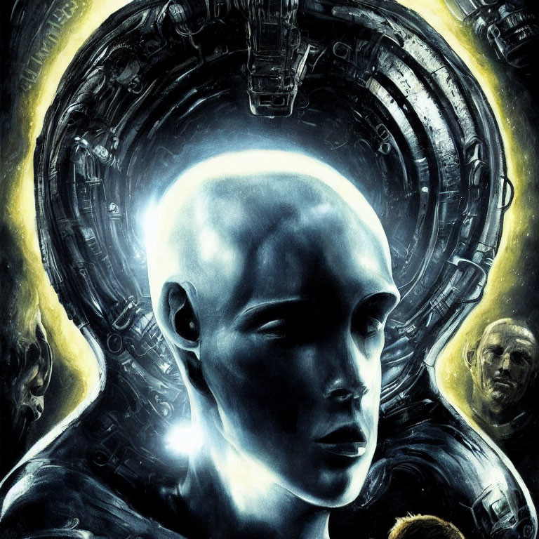 Stylized illustration of bald humanoid with reflective skin surrounded by shadows and mechanical elements