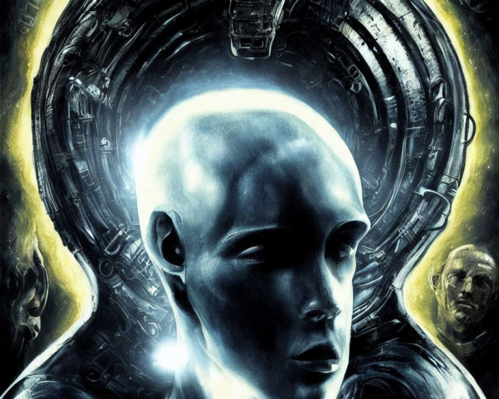 Stylized illustration of bald humanoid with reflective skin surrounded by shadows and mechanical elements